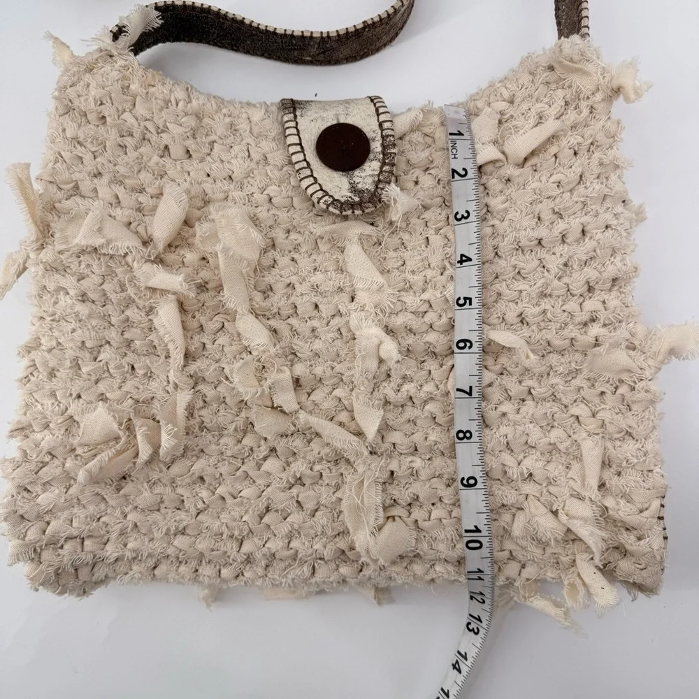 Handmade Boho Crochet Crossbody Bag Leather Trim‎ Satin Lined Neutral Rustic - Picture 10 of 15